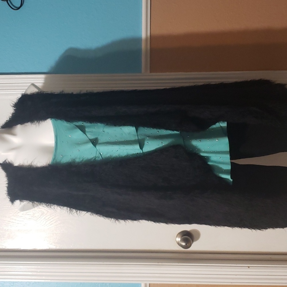 Plus size furry black knee length duster/vest